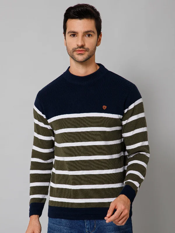 Men's Sweaters with Short SleevesStripe Green Full Sleeves Round Neck Regular Fit Casual Sweater for Men