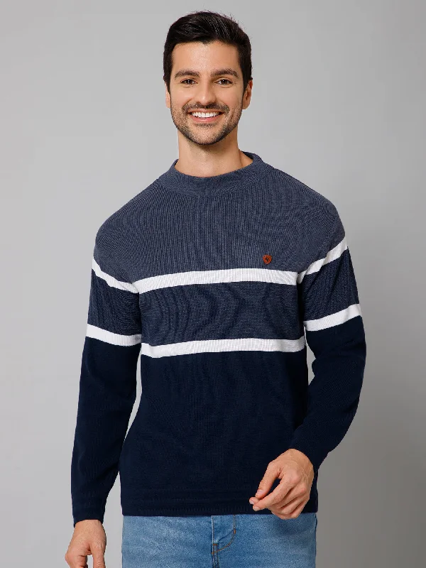 Men's Sweaters with Shawl CollarsStripe Navy Blue Full Sleeves Round Neck Regular Fit Casual Sweater for Men