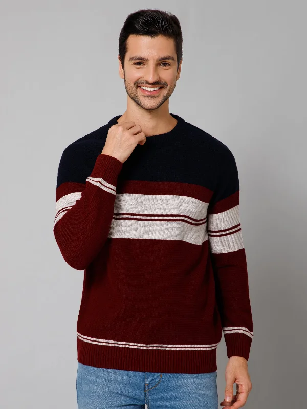 Men's Sweaters with Tapered ShapesStriped Maroon Full Sleeves Round Neck Regular Fit Casual Sweater for Men