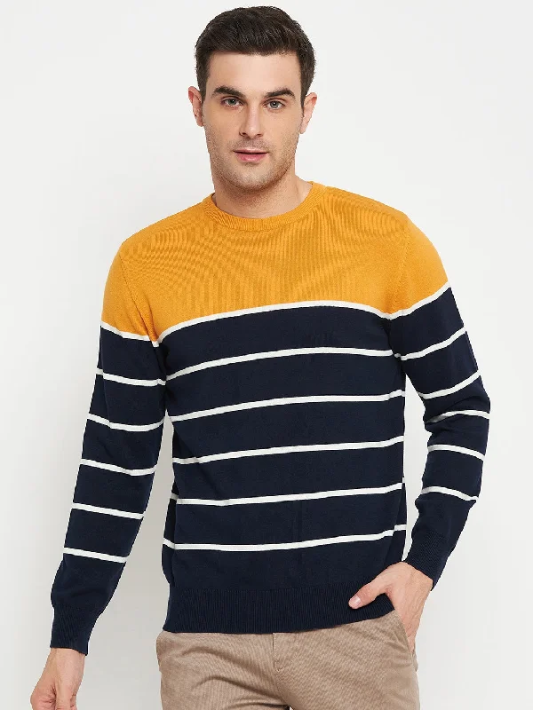 Chic Men's Cashmere SweatersStriped Navy Blue Full Sleeves Round Neck Regular Fit Casual Sweater for Men