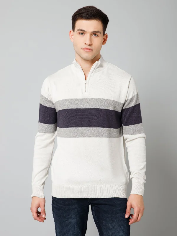 Men's Sweaters with Pleated DesignsStriped Off White Full Sleeves Mock Collar Regular Fit Casual Sweater for Men