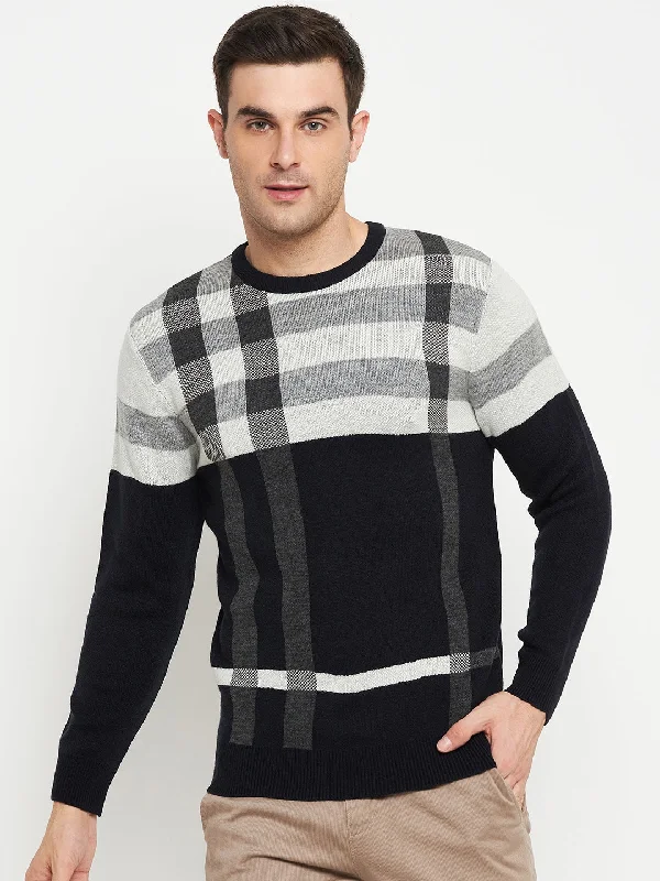 Men's Sweaters with ButtonsStriped Navy Blue Full Sleeves Round Neck Regular Fit Casual Sweater for Men