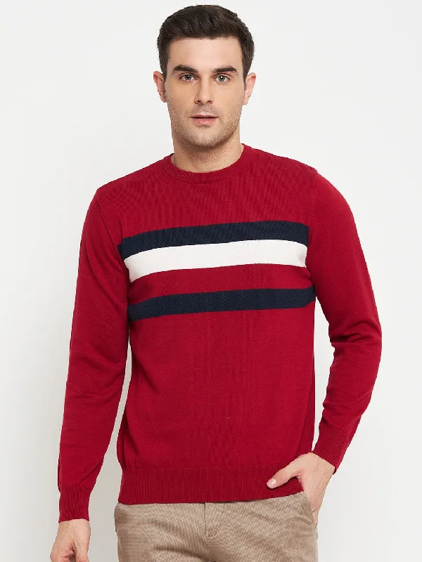 Men's Sweaters with Intarsia DesignsStriped Red Full Sleeves Round Neck Regular Fit Casual Sweater for Men