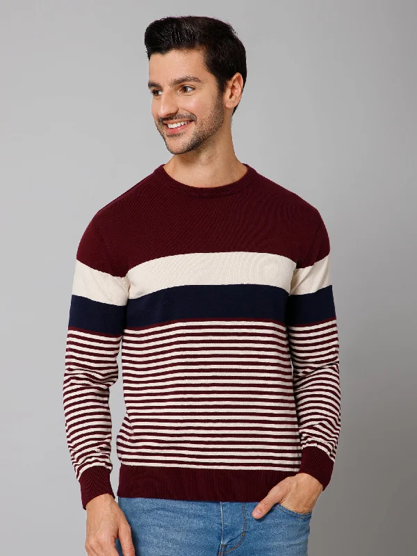 Men's Sweaters with SnapsStriped Wine Full Sleeves Round Neck Regular Fit Casual Sweater for Men