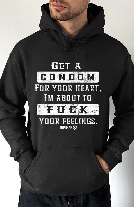 Men's Hoodies with Asymmetric ZippersCondom For Your Heart Pullover Hoodie