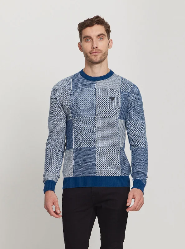 Men's Sweaters with Herringbone PatternsEco Blue Bridger Patchwork Knit Jumper