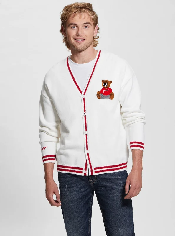 Men's Sweaters with Roll-Neck DesignsEco White Liam Teddy Patch Cardigan