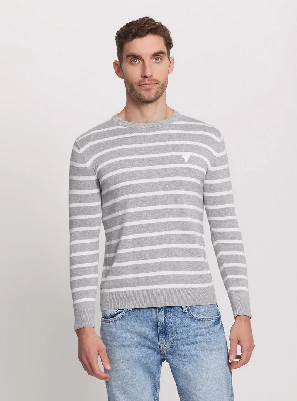 Fashionable Men's Crew-Neck SweatersGrey Striped Long Sleeve Knit Top