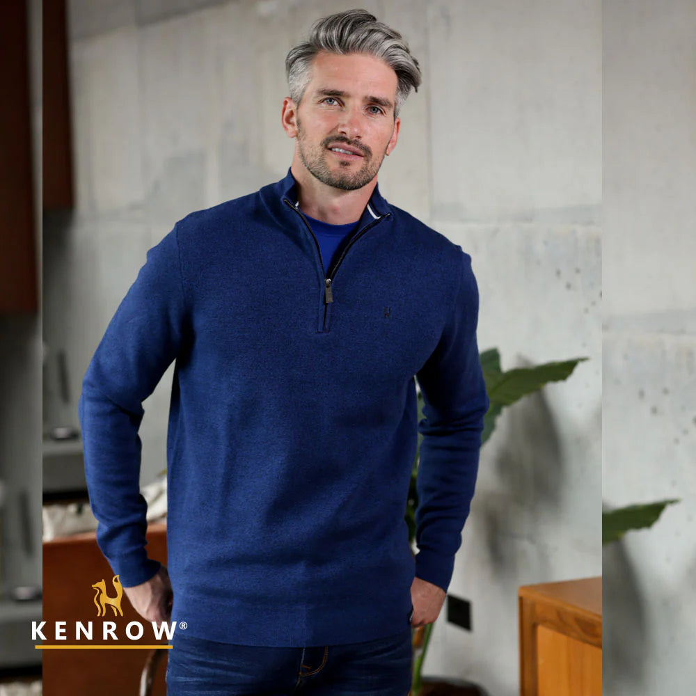 Men's Sweaters with Pleated DesignsKenrow Half Zip Knit Blue Melange