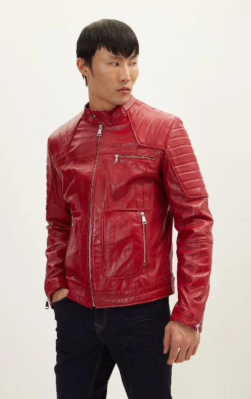 Men's Coats with Modern CutsPiping Details Leather Biker Jacket - Red