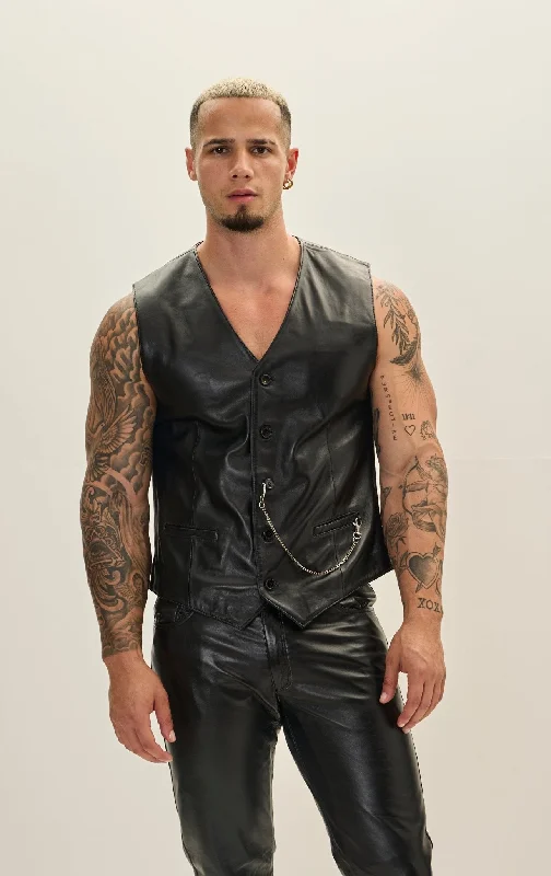 Men's Coats with Embroidered DetailsButton Down Leather Vest - Black