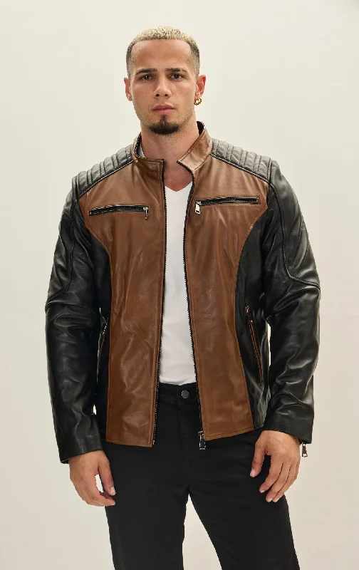 Men's Coats with Embroidered DetailsLeather Bomber Jacket - Black Whiskey