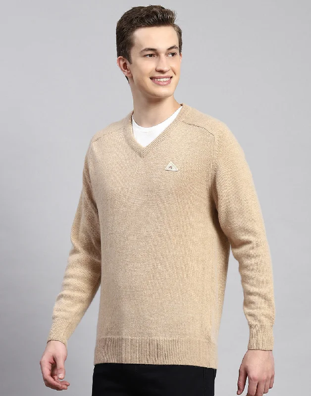 Men's Sweaters with BeadsMen Beige Solid V Neck Full Sleeve Pullover