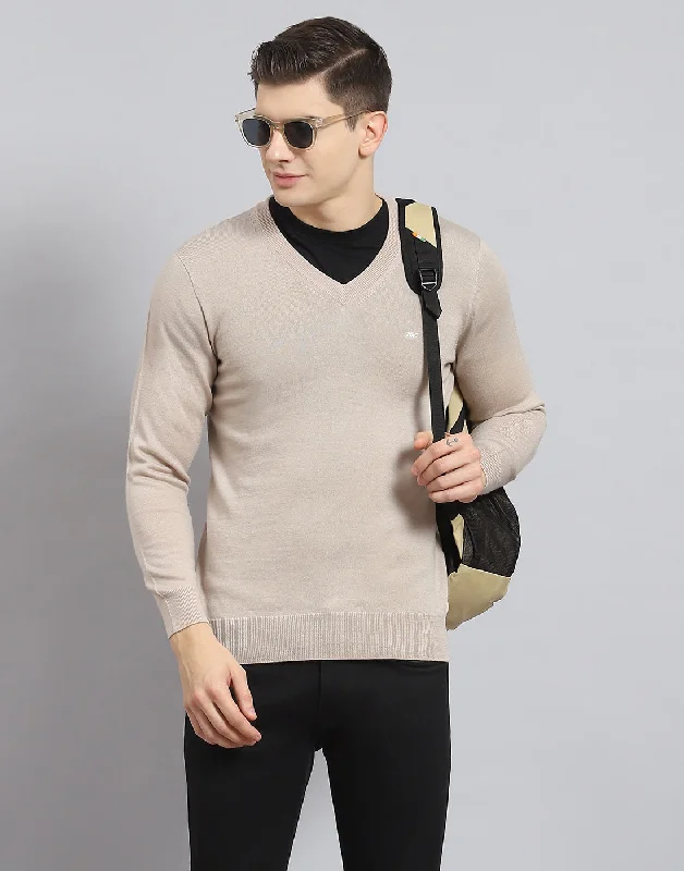 Men's Sweaters with Contrast TrimMen Beige Solid V Neck Full Sleeve Pullover