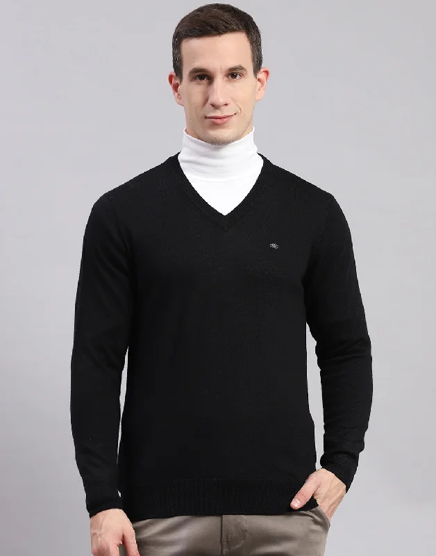 Casual Men's Pullover SweatersMen Black Solid V Neck Full Sleeve Pullover