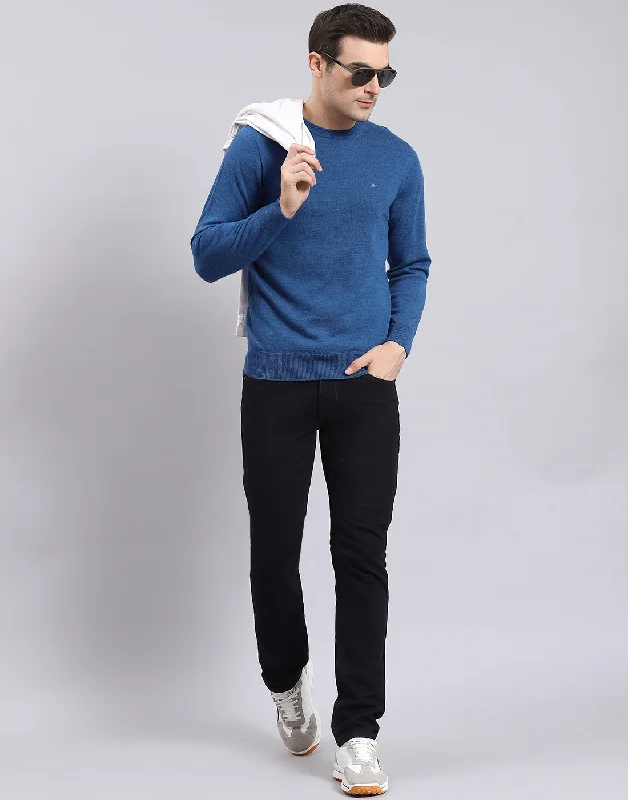 Men's Sweaters for SpringMen Blue Solid Round Neck Full Sleeve Pullover