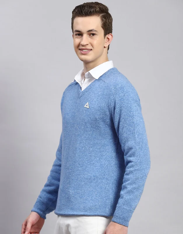 Men's Sweaters with Fold-Over CuffsMen Blue Solid V Neck Full Sleeve Pullover