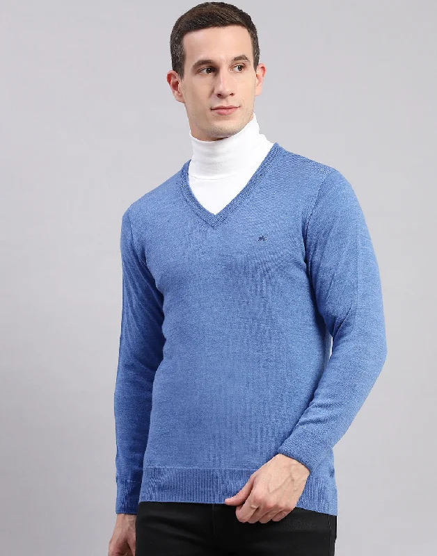 Versatile Men's Zip-Up SweatersMen Blue Solid V Neck Full Sleeve Pullover