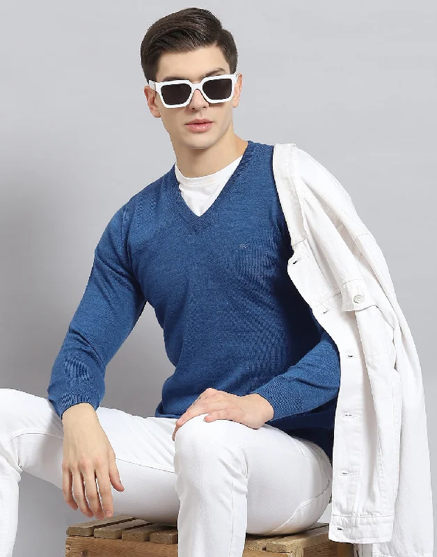 Men's Sweaters with ButtonsMen Blue Solid V Neck Full Sleeve Pullover