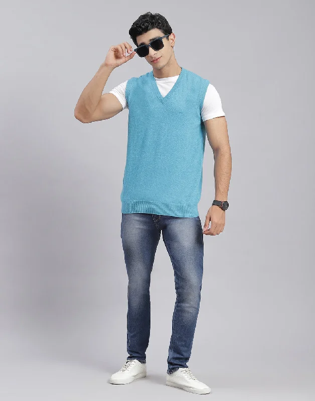 Men's Sweaters with Herringbone PatternsMen Blue Solid V Neck Sleeveless Pullover