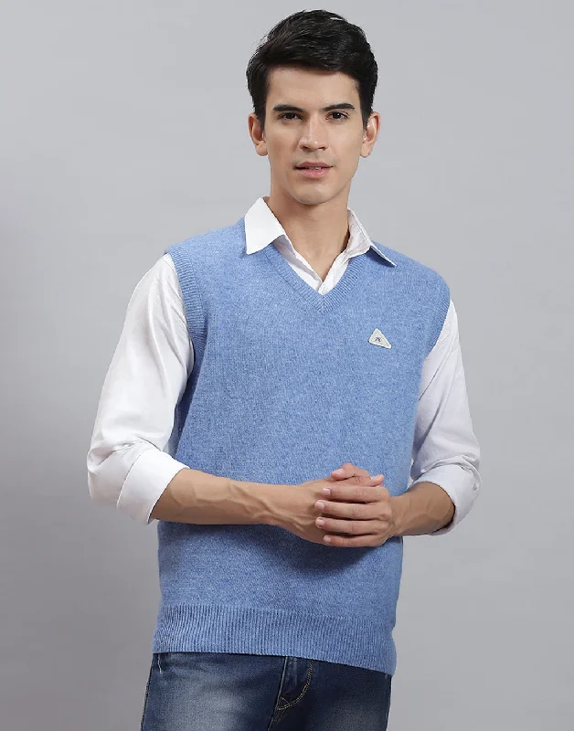 Striped Men's SweatersMen Blue Solid V Neck Sleeveless Sweater