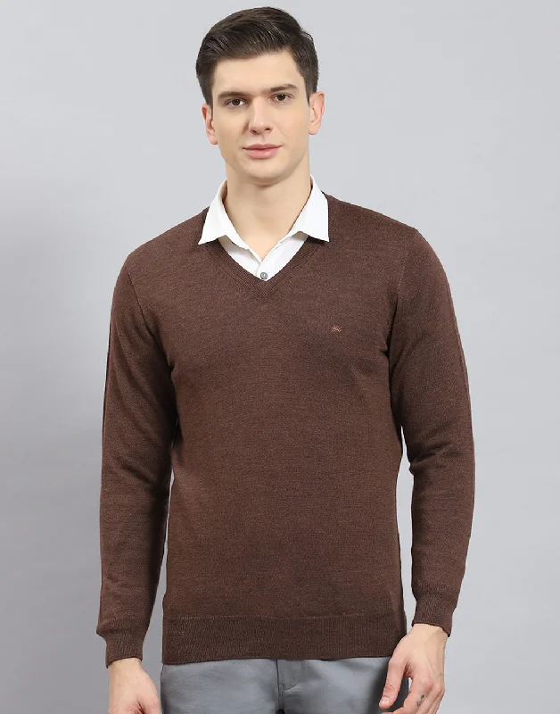 Men's Sweaters with Button-Up CollarsMen Brown Solid V Neck Full Sleeve Pullover