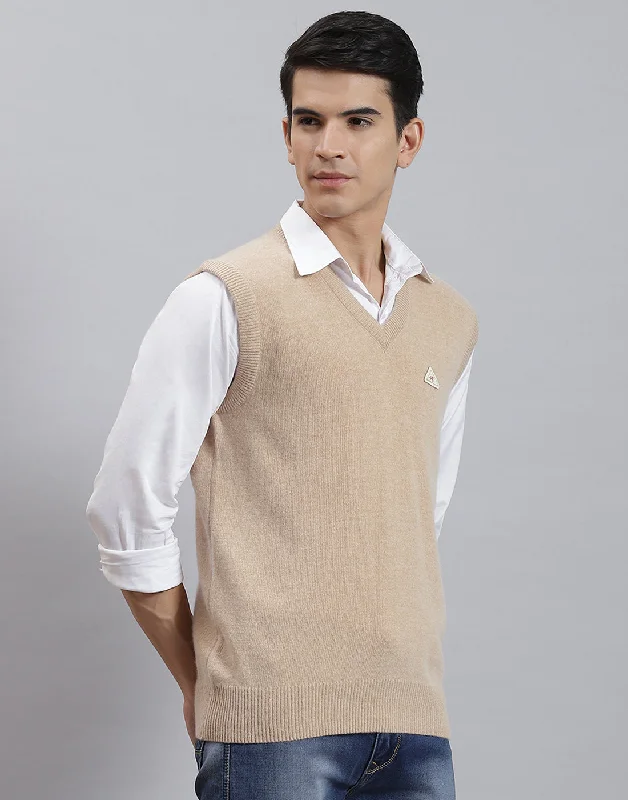 Men's Sweaters with Pockets and ZippersMen Camel Brown Solid V Neck Sleeveless Sweater