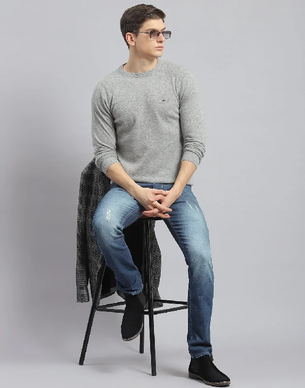 Men's Sweaters with Ribbed WaistbandsMen Grey Solid Round Neck Full Sleeve Pullover