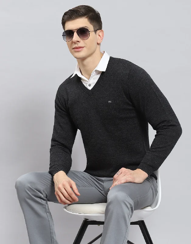 Men's Sweaters in Earthy TonesMen Grey Solid V Neck Full Sleeve Pullover