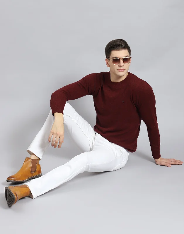 Men's Sweaters with Skinny FitsMen Maroon Solid Round Neck Full Sleeve Pullover