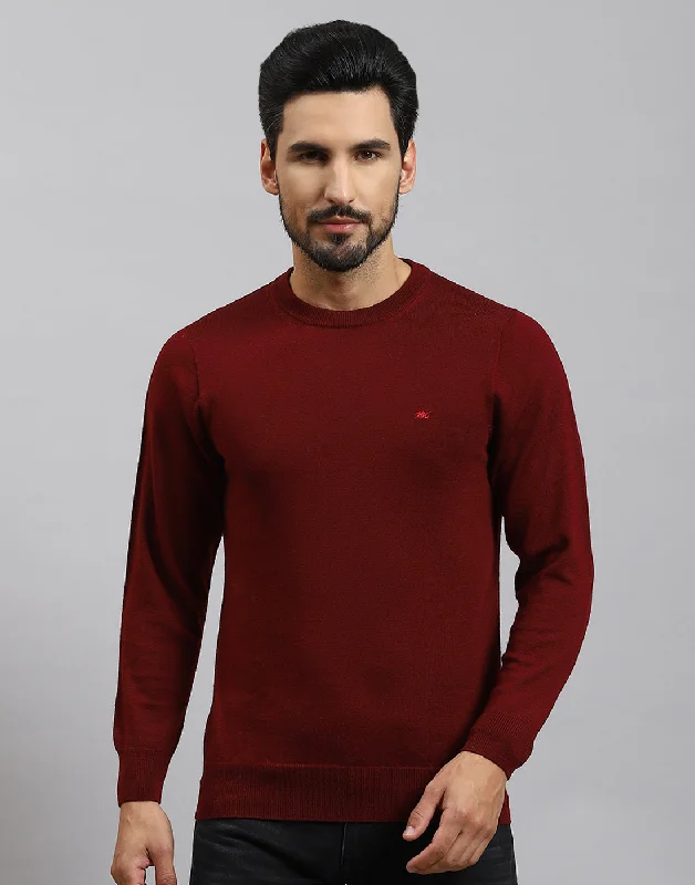 Men's Sweaters with Intarsia DesignsMen Maroon Solid Round Neck Full Sleeve Pullover