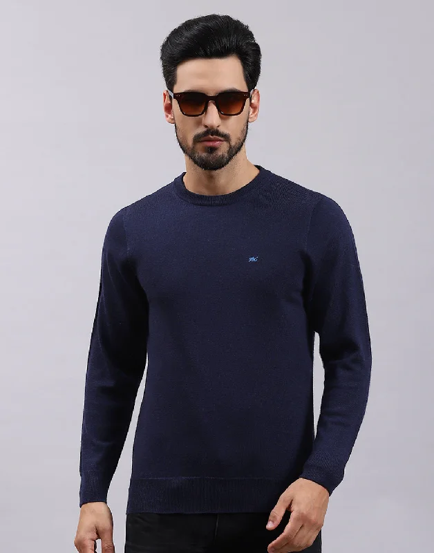 Men's Sweaters with Button CuffsMen Navy Blue Solid Round Neck Full Sleeve Pullover