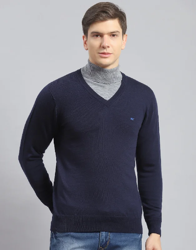 Men's Sweaters with ThumbholesMen Navy Blue Solid V Neck Full Sleeve Pullover