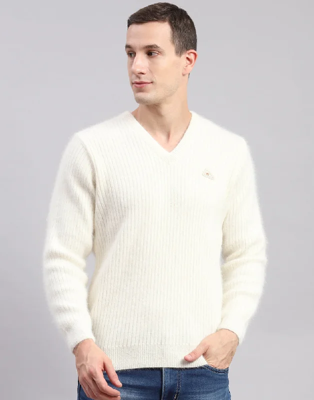 Men's Sweaters with Appliqué DetailsMen Off White Solid V Neck Full Sleeve Pullover