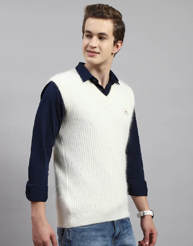 Men's Sweaters with Zip-Up CollarsMen Off White Solid V Neck Sleeveless Sweater