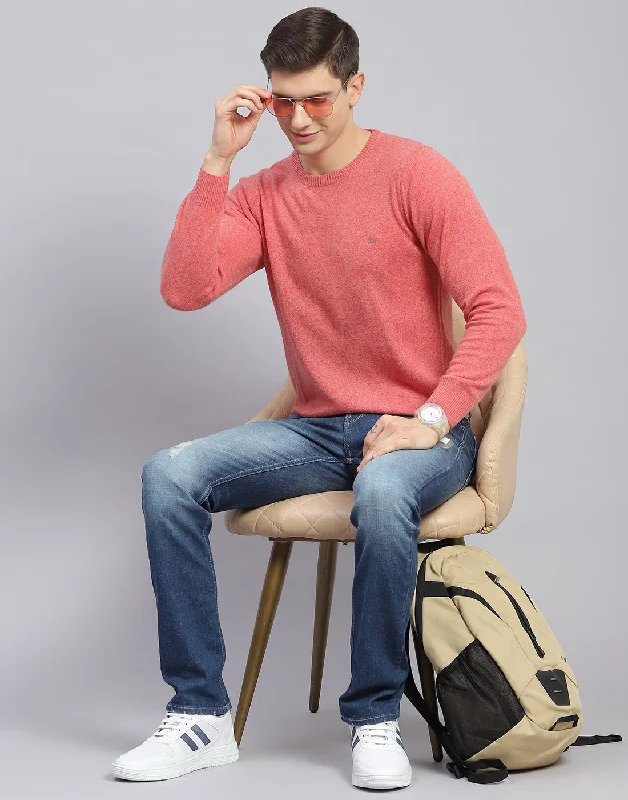 Durable Men's Acrylic SweatersMen Pink Solid Round Neck Full Sleeve Pullover