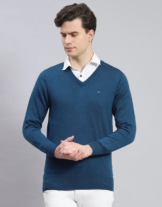 Cozy Men's Cable-Knit SweatersMen Teal Blue Solid V Neck Full Sleeve Pullover