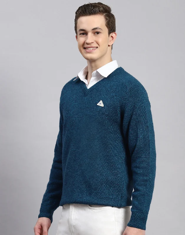 Men's Sweaters with Built-In ScarvesMen Turquoise Blue Solid V Neck Full Sleeve Pullover