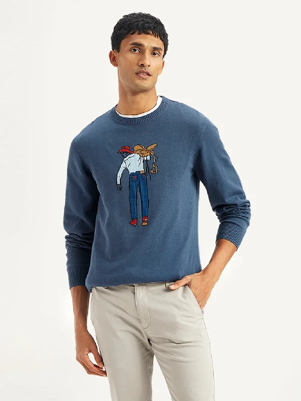 Men's Sweaters with Button CuffsMen's Graphic Print Blue Crew Neck Sweater