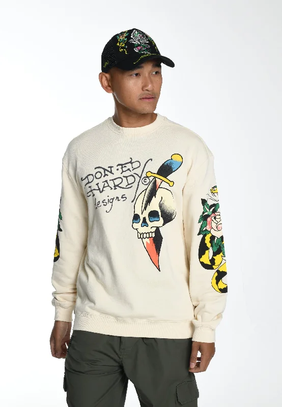 Men's Sweaters with Ribbed CuffsMens Skull-Dagz Graphic Crew Neck Sweatshirt - Beige