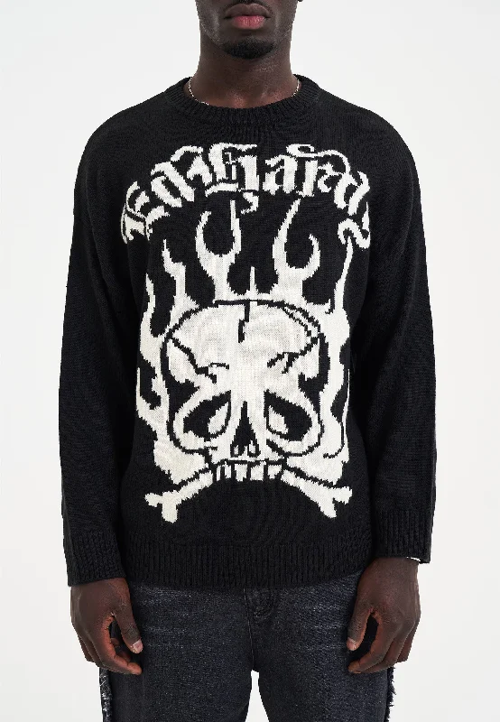 Warm Men's Hooded SweatersMens Skull In Flames Jaquard Knitted Jumper - Black/Off White