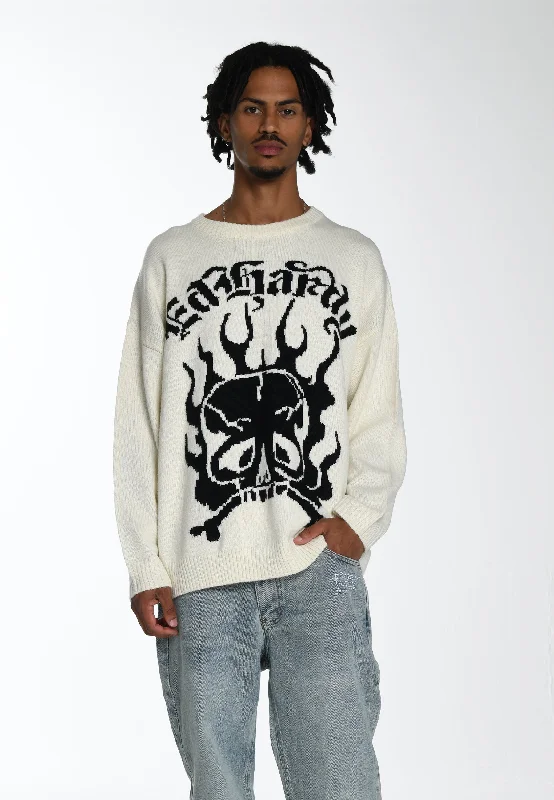 Men's Sweaters with Unique and Custom DesignsMens Skull In Flames Jaquard Knitted Jumper - Ecru/Black