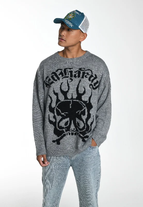 Men's Sweaters with Belt AttachmentsMens Skull In Flames Jaquard Knitted Jumper - Grey/Black