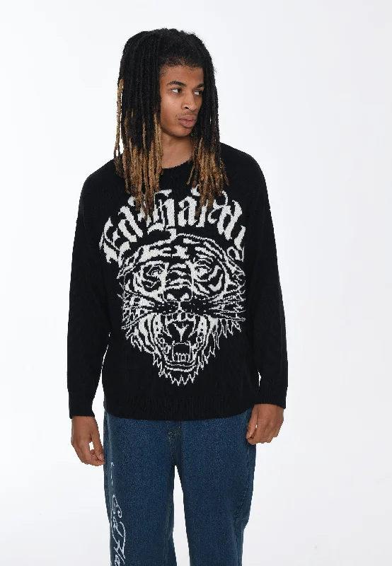 Men's Sweaters with Cable PatternsMens Tiger-Roar Jaquard Knitted Jumper - Black/Off White