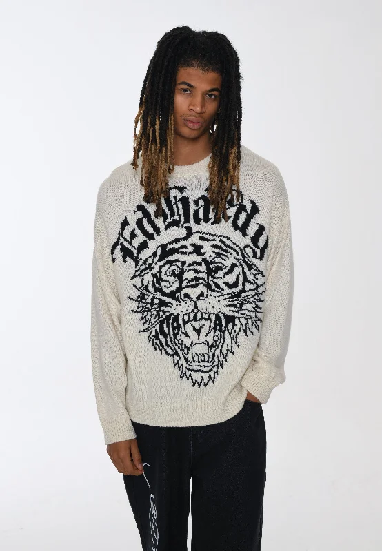 Solid-Colored Men's SweatersMens Tiger-Roar Jaquard Knitted Jumper - Off White/Black