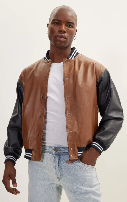 Men's Coats with LiningTwo Tone Varsity Leather Jacket - Black Brown