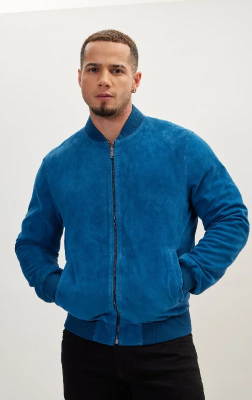 Casual Men's Bomber JacketsClassic Suede Leather Bomber - Blue