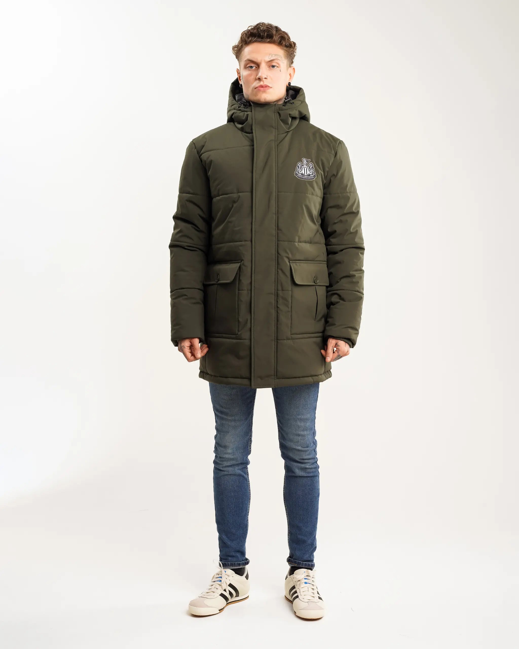 Men's Coats with Hidden PocketsNewcastle United Men's Khaki Long Line Padded Jacket (Stadio)