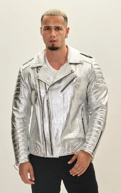 Men's Coats for Skinny MenQuilted Leather Moto Jacket - Silver