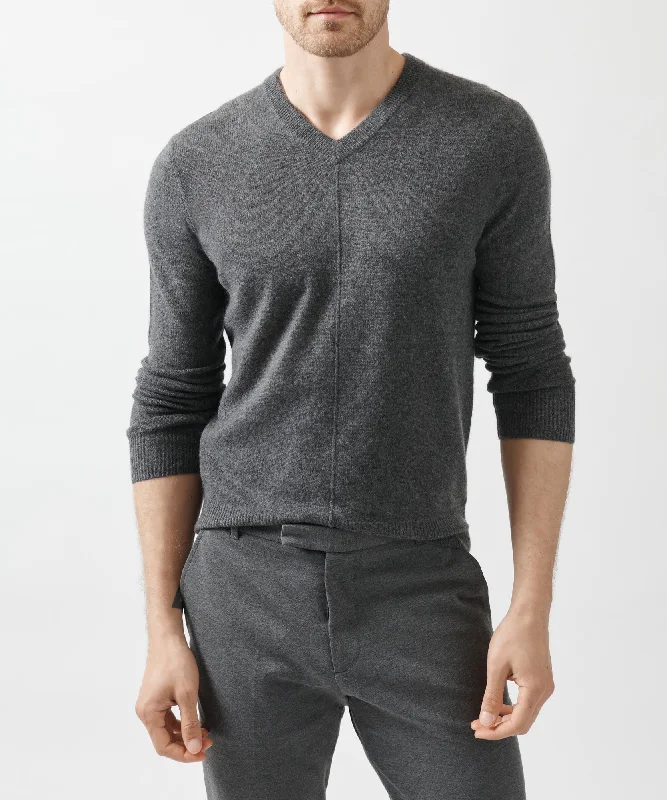 Men's Sweaters with Appliqué DetailsRecycled Cashmere Exposed Seam V-Neck Sweater - Heather Charcoal